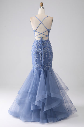 Vestido de fiesta sin espalda con cuentas de tirantes de sirena azul grisáceo con apliques